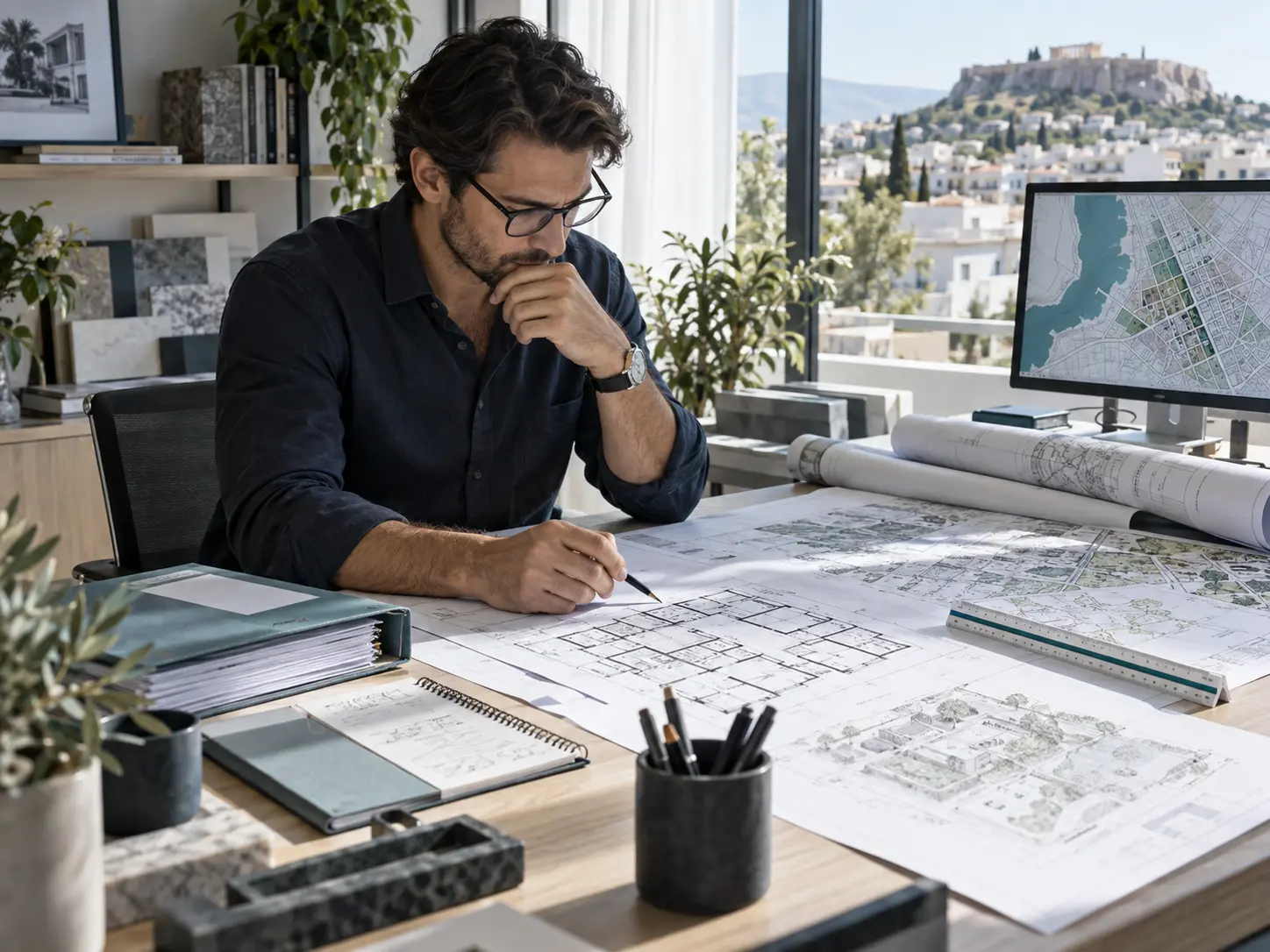 Αρχιτέκτονας εξετάζει σχέδια αδειοδότησης και πολεοδομικά έγγραφα σε σύγχρονο γραφείο
