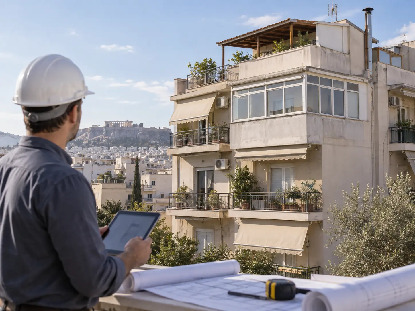 Μηχανικός σε αυτοψία πολυκατοικίας για έλεγχο αυθαίρετων κατασκευών